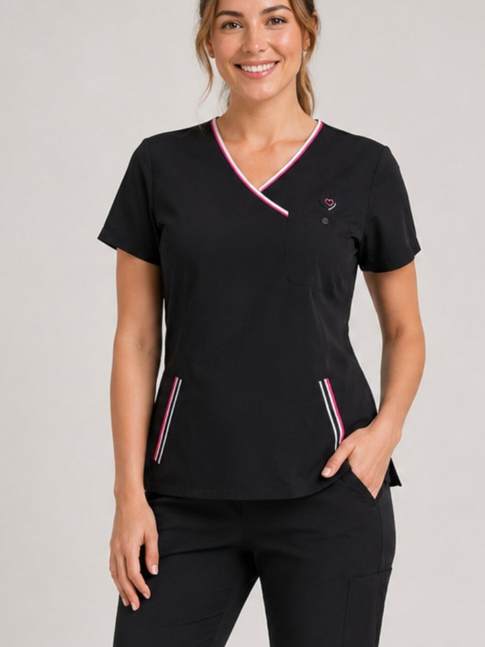 Women's Medium Black Scrub Top Black Pink Trim Medical Uniform